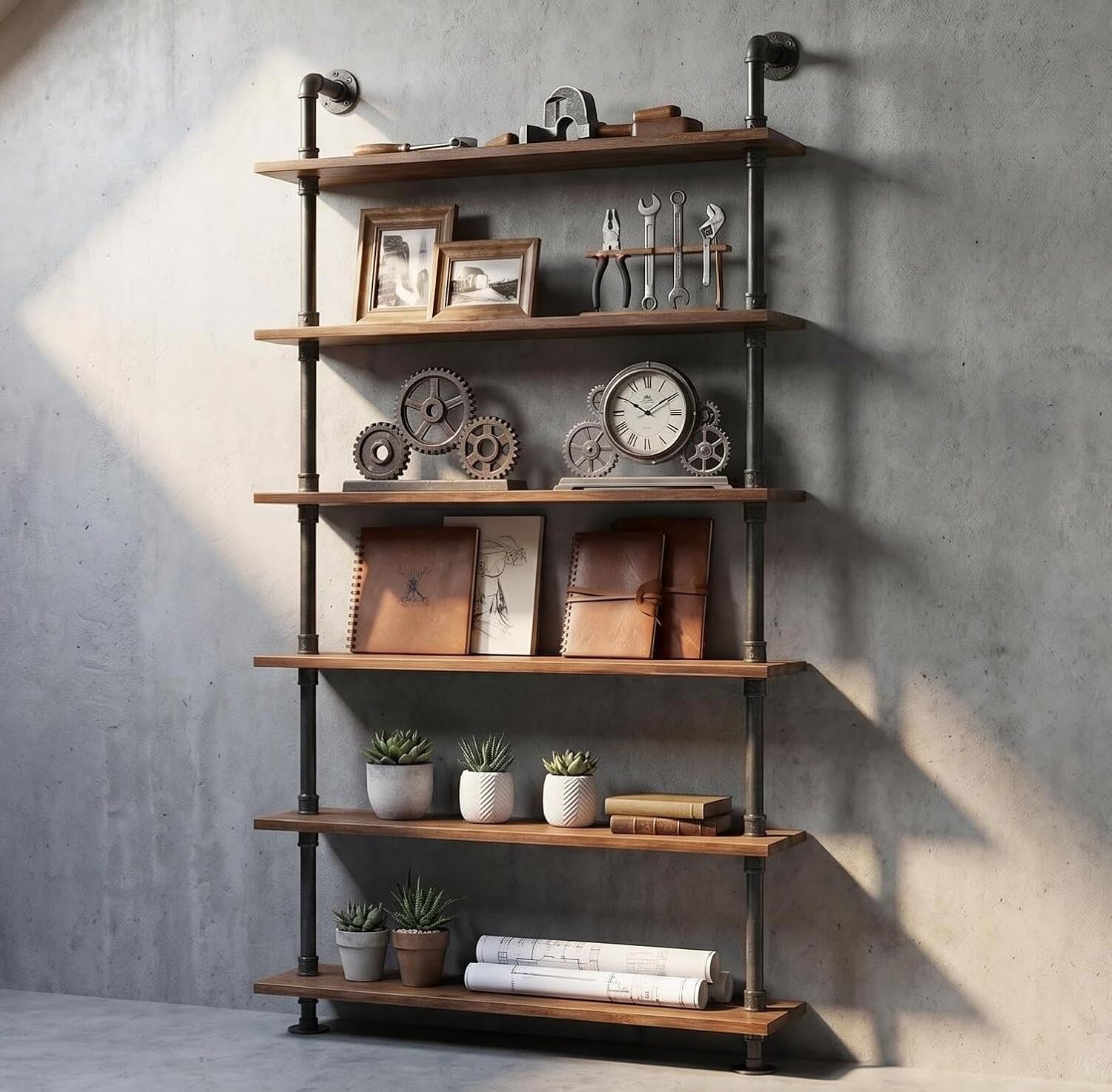 Industrial Pipe Bookshelf, 6 Layer Rustic Modern Wood Ladder Shelf with Metal Frame, Home Decor, Display Shelving, Retro Floating Shelving, 35.4x9.8x79in, 10-20lbs, Pine